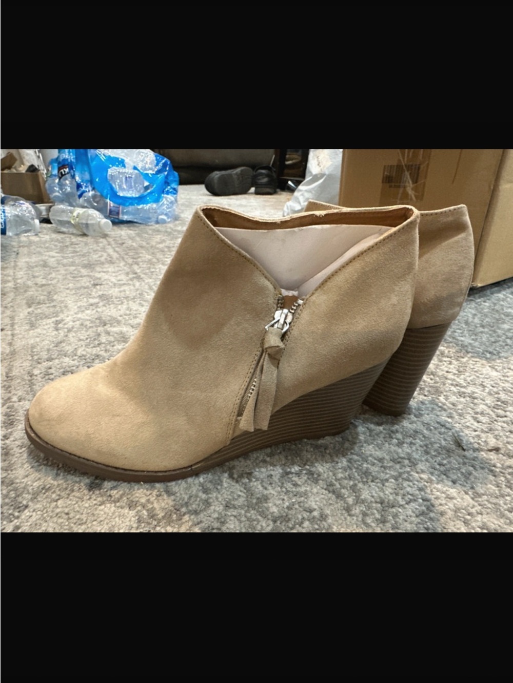 SO Taupe Suede Wedge Ankle Booties with Tassel Zip
